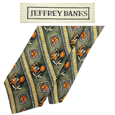  Corbata Jeffrey Banks Oliva Vintage - Naranja Flor Amarillo Blanco Rayas 100% Seda  Foto 1 de 4