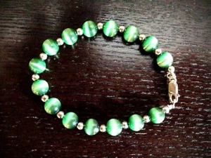 Elegant & Lovely Bracelet w/Light Green Tiger's Eye Beads ~ 925 Sterling Silver - Imagen 1 de 5