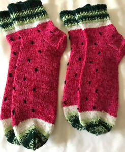 100% Cashmere Handmade Novelty Watermelon Pink Green Soft Bed Socks Womens L