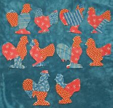 10 PRIMITIVE ANTIQUE CUTTER QUILT CHICKENS! HENS & ROOSTERS! Blue Red Yellow