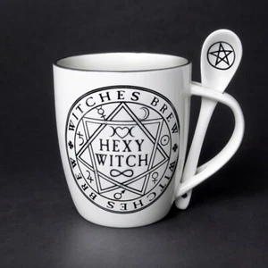 Alchemy Gothic ALMUG15 Hexy Witch Cup & Spoon Brew White Black Coffee Mug Tea - Picture 1 of 3