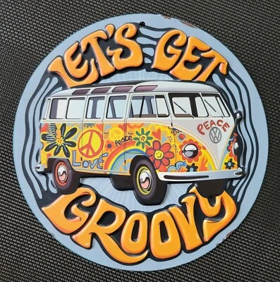 LET'S GET GROOVY VW BUS EMBOSSED TIN SIGN - Image 1 of 4