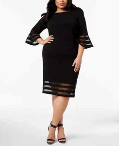 Calvin Klein Plus Size Sheer-Stripe Sheath Dress Women's 20W Black 3/4 Sleeve - Picture 1 of 17