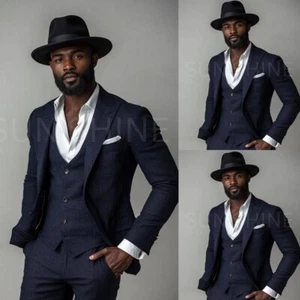 Trajes para hombre azul marino noche fiesta esmoquin calce ajustado 3 piezas ropa de trabajo de negocios chaqueta - Imagen 1 de 15
