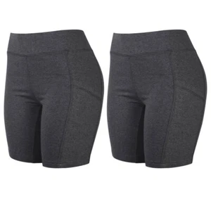 2 Women's Athletic Leggings Shorts w/ Pockets Yoga Running Exercise Gym Grey L - Picture 1 of 1