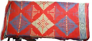 Vintage Camp Decke Wolle Leuchtfeuer Esmond 74x70 Western Azteken rot blau 30er 40er Navajo - Bild 1 von 13