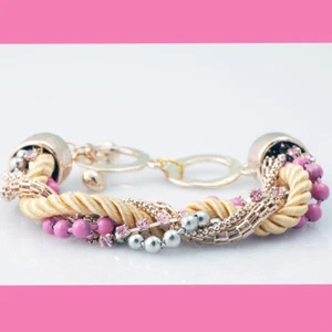 FASHION BRACELET MULTI-GOLD CRYSTAL RHINESTONE PINK ROPE TOGGLE CLASP - Picture 1 of 2
