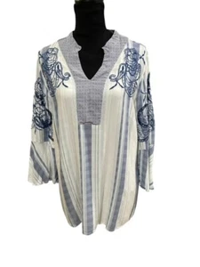 Chicos Damen Bluse Größe 3 Blau Streifen Blumenstickerei 3/4 Glockenärmel V-Ausschnitt - Bild 1 von 6