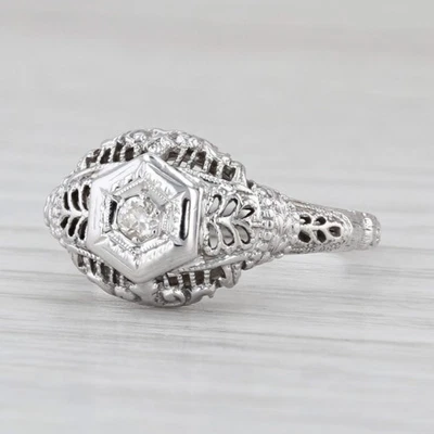 Art Deco Diamond Solitaire Filigree Ring 18k White Gold Size 6.5 Engagement - Image 1 of 4