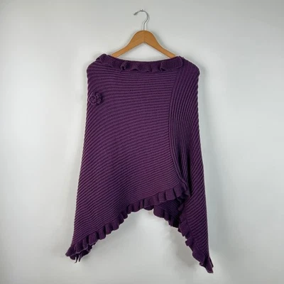 Poncho de punto púrpura para mujer con capa chal envolvente con volantes detalle de flores Foto 1 de 4