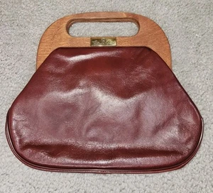 Vintage 1970's Etienne Aigner Oxblood Burgundy Leather Handbag Wood Handles - Picture 1 of 4