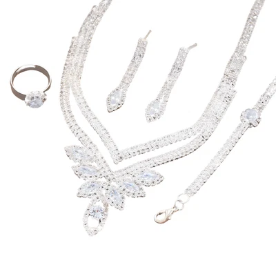 4PC Rhinestone Jewelry Set Women, Silver-Tone Leaf Claw Chain Dangle Earring 635 - Image 1 of 4