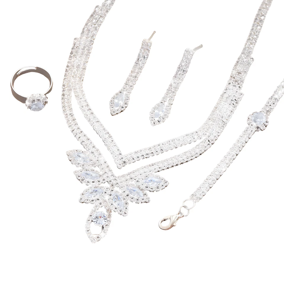 4PC Rhinestone Jewelry Set Women, Silver-Tone Leaf Claw Chain Dangle Earring 635 - Image 1 of 4