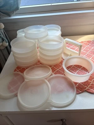 17 Tupperware 4” Hamburger Storage Keepers w/5 Lids & Hamburger Press - Image 1 of 4