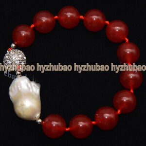 12mm Round Red Jade &White Baroque Pearl Gems Beads Magnet Clasp Bracelet 8" AAA