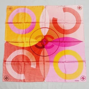 CHANEL Large Scarf 100% Silk 87cm x 87cm Coco Mark Pink Orange Red From Japan - Picture 1 of 10