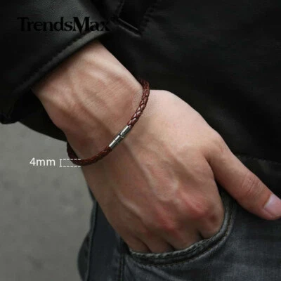 4mm Brown Braided Cord Rope Man-made Leather Bracelet Magnetic Clasp 8" - Image 1 of 4
