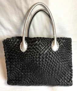 FALOR BLACK SILVER WOVEN LEATHER iNTRECCIATO TOTE HAND BAG MADE IN ITALY NWT - Picture 1 of 3