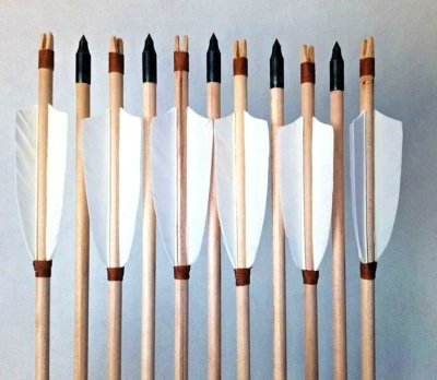 Archery Arrows, Traditional Wooden Arrows 10ps Set, Ten White Feather Wood Arrow - Image 1 of 4