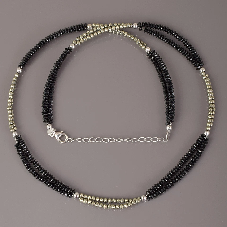 925 Argento Naturale Nero Spinello Pirite Pietra Preziosa Perline 2 Collana - Immagine 1 di 4