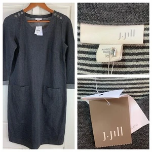 J Jill 3/4 Sleeve Knit Dress XS Scoop Neck Button Shoulder Knee Length Gray NWT - Picture 1 of 12