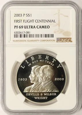 2003-P $1 First Flight Centennial Commemorative Silver Dollar NGC PF69UCAM - Image 1 of 2