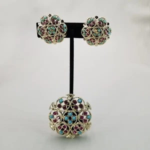 VTG Sarah Coventry  Brooch Pin Earrings Set Pink Rhinestone Faux Turquoise - Picture 1 of 11