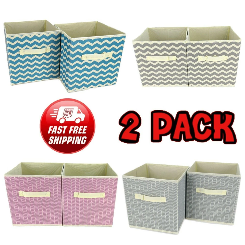 2x Non-woven Folding Canvas Storage Box Fabric Cube Cloth Basket Organiser Toys - Image 1 of 4