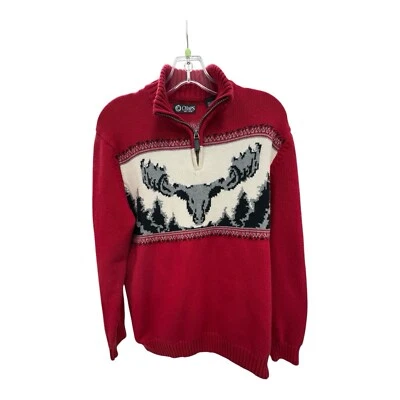 Suéter CHAPS 1/4 CREMALLERA Alce Talla Mediana Rojo y Negro Esquí Vida Silvestre Alce Suéter Foto 1 de 3