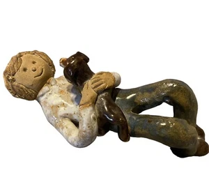 Vtg Boy and His Dog Figurine Clay Studio Work Signed EFT 6” - Picture 1 of 4