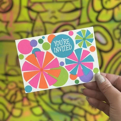 Psychedelic Party Invitations 1960s Neon Floral Invites Cards X2 Unused Ephemera - Image 1 of 3