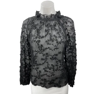 Rebecca Taylor Black Silk Lace Embroidered Ruffle Long Sleeve Sheer Blouse Top 4 - Picture 1 of 5