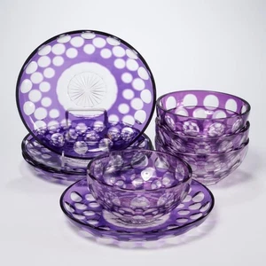 Lote de 8 cuencos de sopa de cristal de amatista púrpura cortado a transparente - Imagen 1 de 6