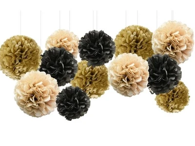 12PCs Tissue Paper Pom Poms Black Gold Champagne PomPom Birthday Wedding(8"+10") - Image 1 of 4