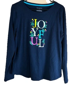 Talbots Women’s Crewneck Joyful Tee Size M 100% Cotton Blue Holiday T-Shirt - Picture 1 of 4