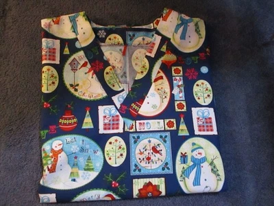 Blusa Médica Navidad Muñecos de Nieve Retazos Hecha a Mano Azul Algodón, Talla X-Grande Foto 1 de 4