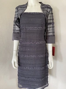 JS Collections NWT Mesh Ruffle Sheath Dress Bolero Jacket Shrug Set SIZE 6 Gray - Picture 1 of 19