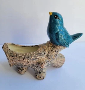 Vintage Bluebird Of Happiness On Textured Log Branch Planter Handpainted Spring - Picture 1 of 19