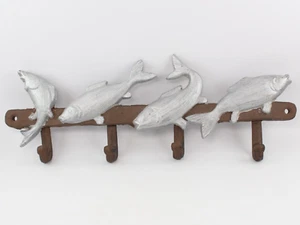 Fishing Metal Cast Iron Fish Fisherman Wall Decor w/Hooks Coat Rack hanger 13.5" - Picture 1 of 10