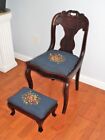 Antique 19th C American Empire Flame Mahogany Chair + Needlepoint Footstool Set