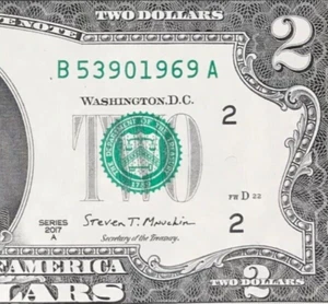 B 5390 1969 A : TRAILING YEAR 1969 $2 Two Dollar Bill Serial Number - Picture 1 of 3