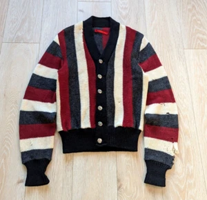 Vintage 60s/70s 100% Worsted Wool Striped Knit Long Sleeve Distressed Cardigan - Picture 1 of 6