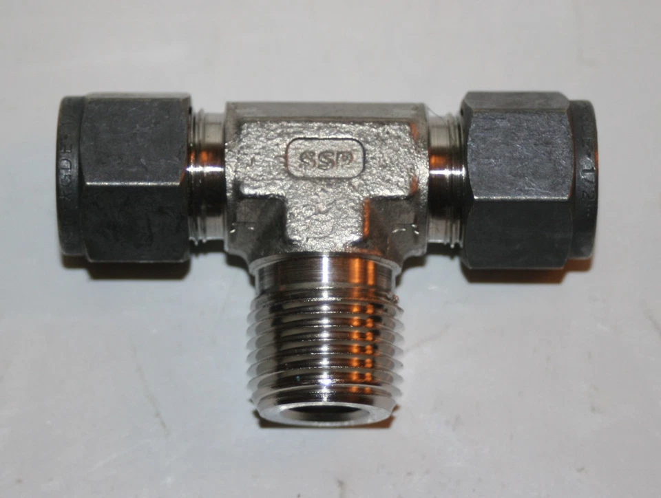  1/2" x 1/2" Tube x 1/2" MNPT  Branch Tee Fitting 316s SSP Unilok ISSU8MBT8 - Image 1 of 3