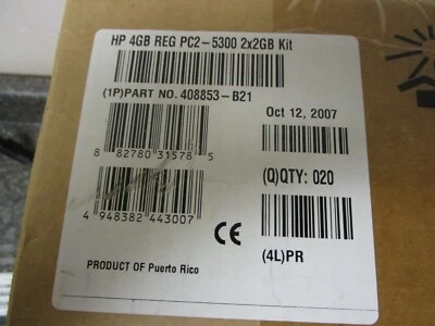 Box of 20 Genuine OEM Original HP 4GB REG PC2-5300 2x2GB KIT P/N 408853-B21 Serv - Image 1 of 4