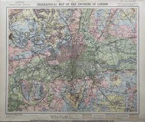 1883 Orographical Colour Map Of London Original Antique City Plan by Letts - Picture 1 of 6