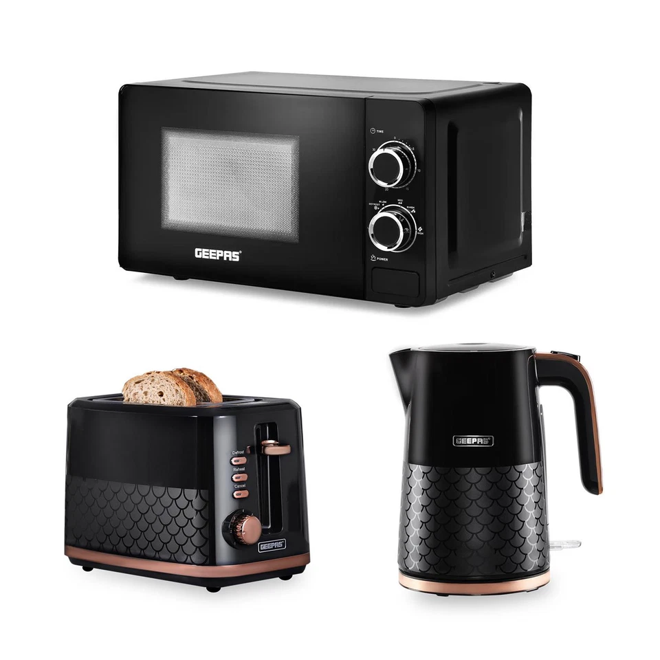 GEEPAS 700W Solo Manual Microwave 3kW 1.7L Electric Kettle 2 Slice Bread Toaster - Image 1 of 4