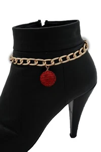 Women Gold Boot Anklet Chain Strap Bracelet Red Ball Shoe Charm Bling Ornament - Picture 1 of 12