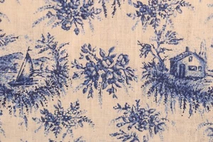 T4 60"W Unbranded Fabric Vintage Scenes Toile Look Dark Blue on Cream - BTY - Picture 1 of 9