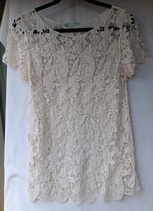 Womens M Crochet Tunic Boho Hippie Cover Up Natural Sheer Maurice's Short Sle - Picture 1 of 5