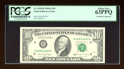 DBR 1988-A $10 FRN St. Louis Fr. 2028-H PCGS 63 PPQ Serial H46003483A - Image 1 of 2
